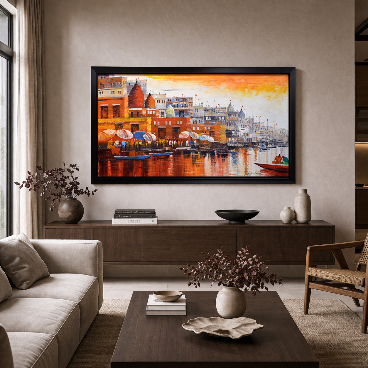 Varanasi Ghat Canvas Painting | Indian Cityscape Wall Art