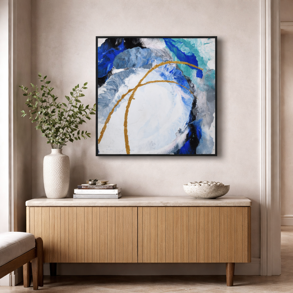 Blue Grey Abstract with Gold Lines 2