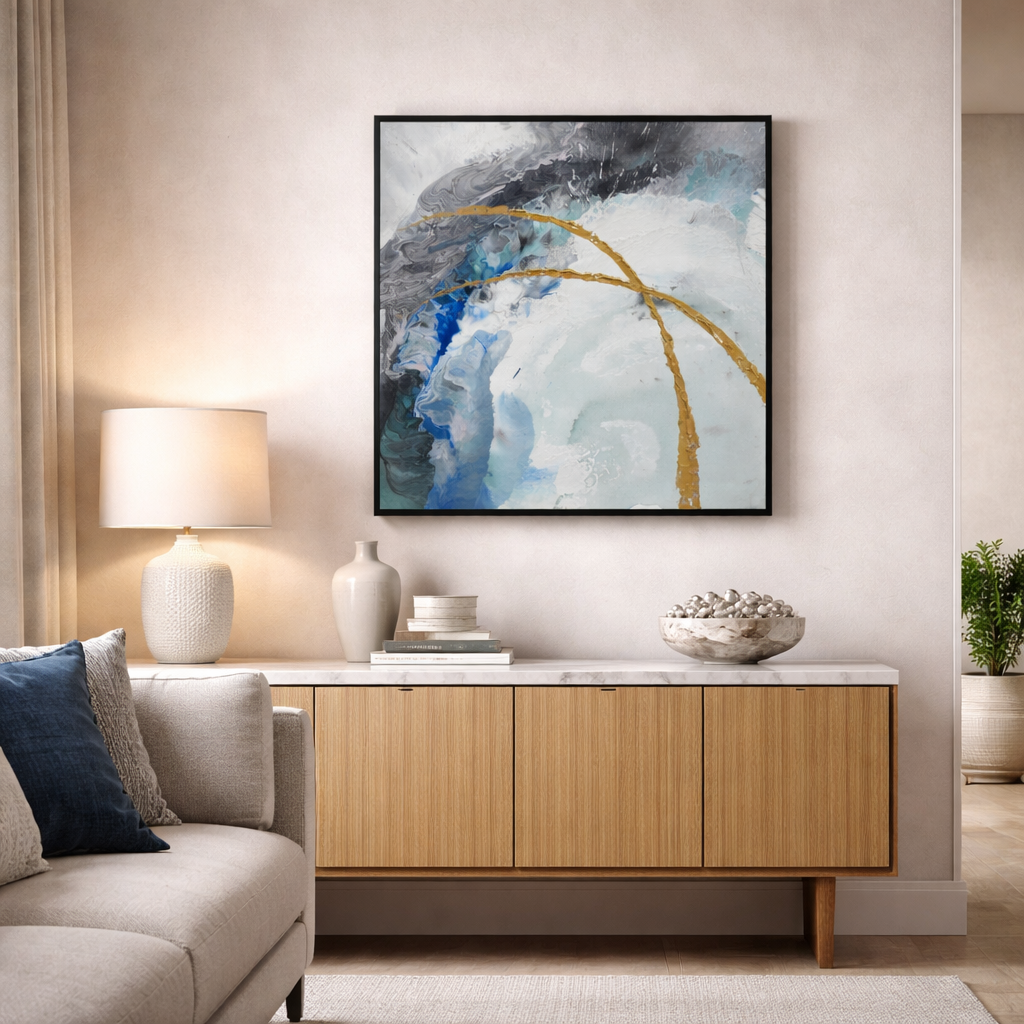 Blue Grey Abstract with Gold Lines