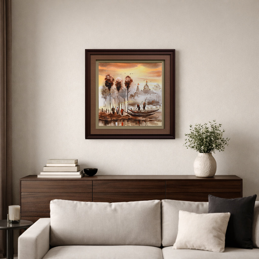 Riverside Village Landscape Painting
