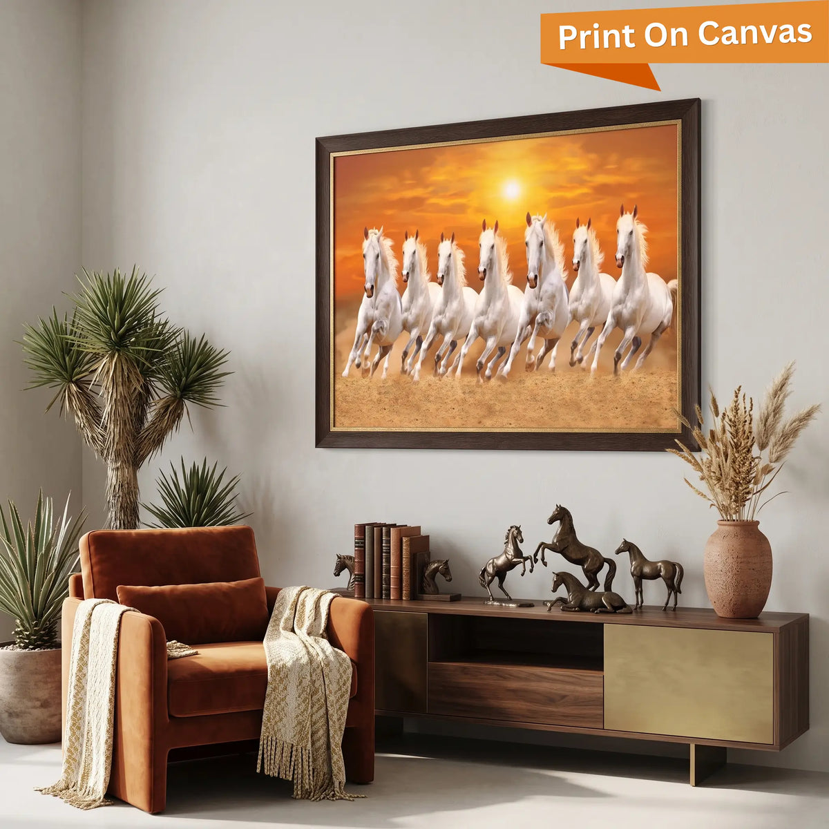 7 White Horses Print on Canvas