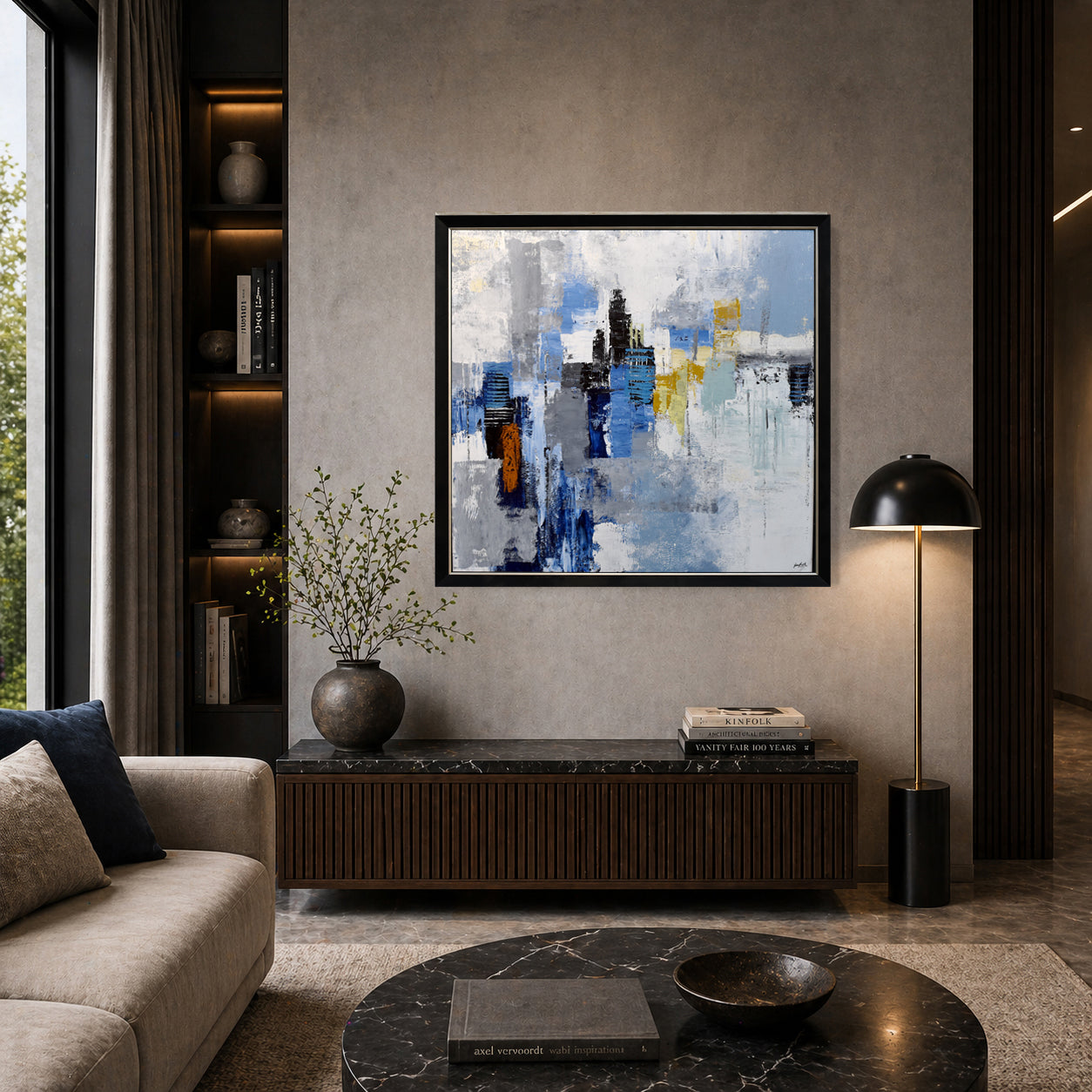 Blue Grey Abstract Cityscape Painting