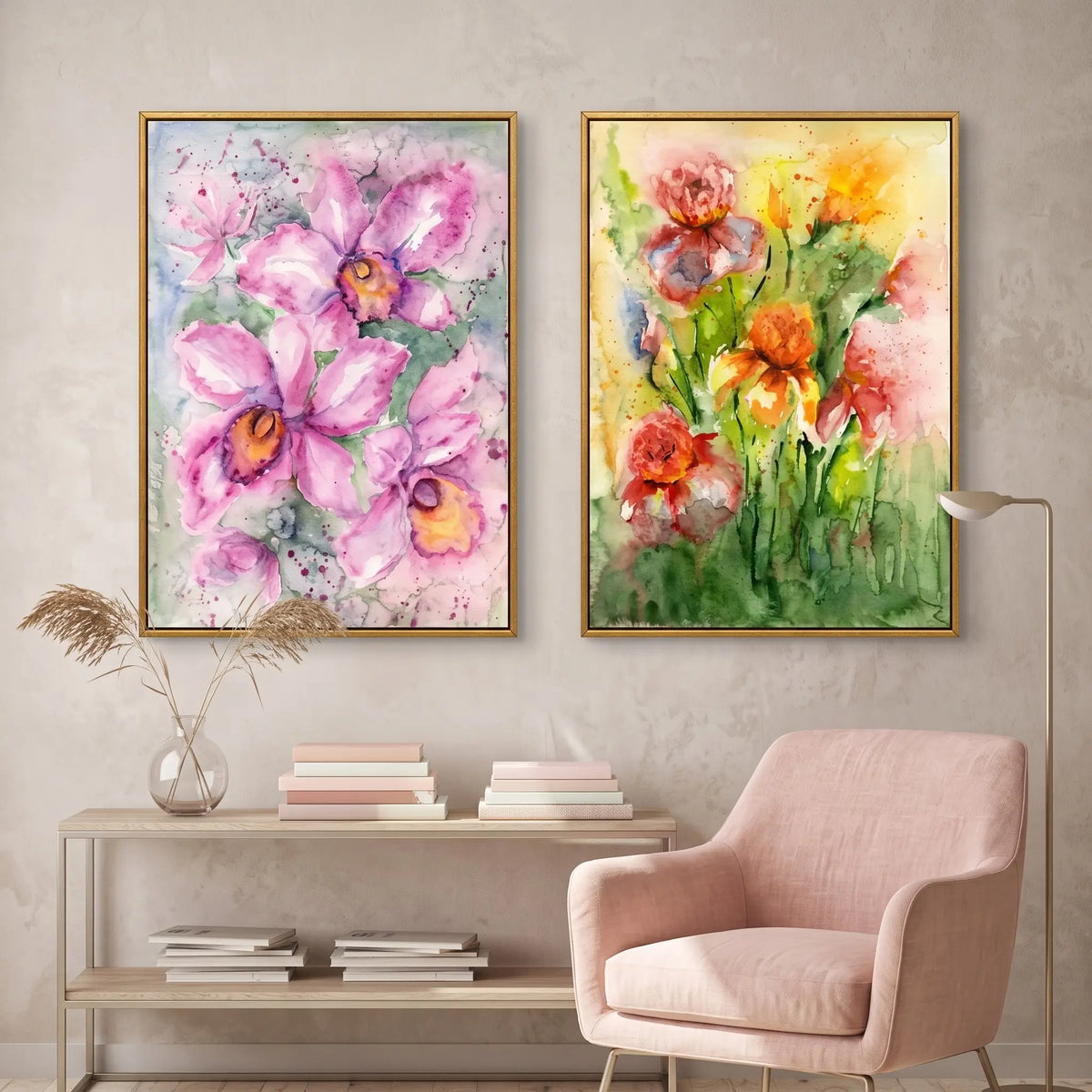 Framed Botanical Flower Prints Set of 2 for Living Room & Bedroom