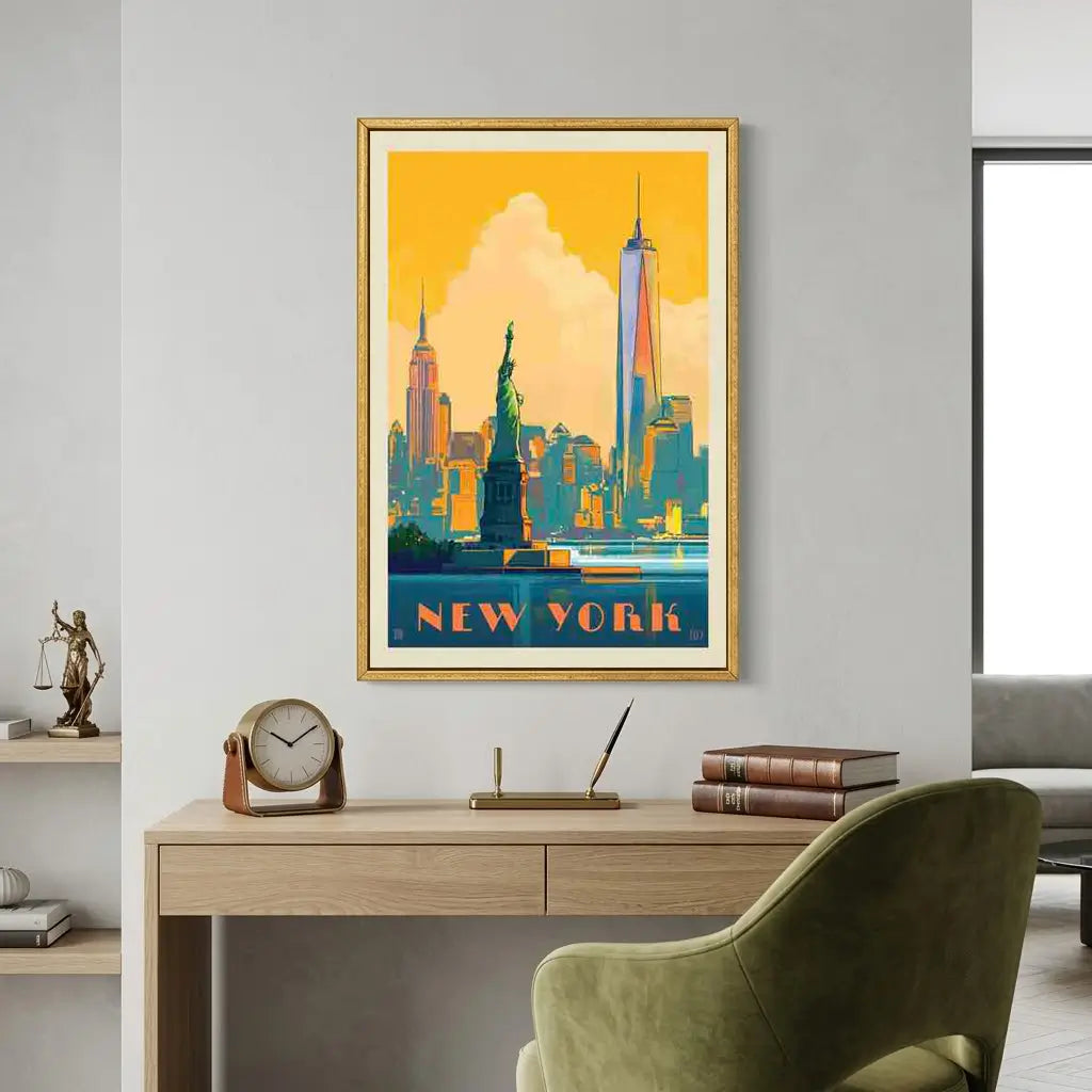 New York Skyline Wall Art | Framed NYC Vintage Canvas Print